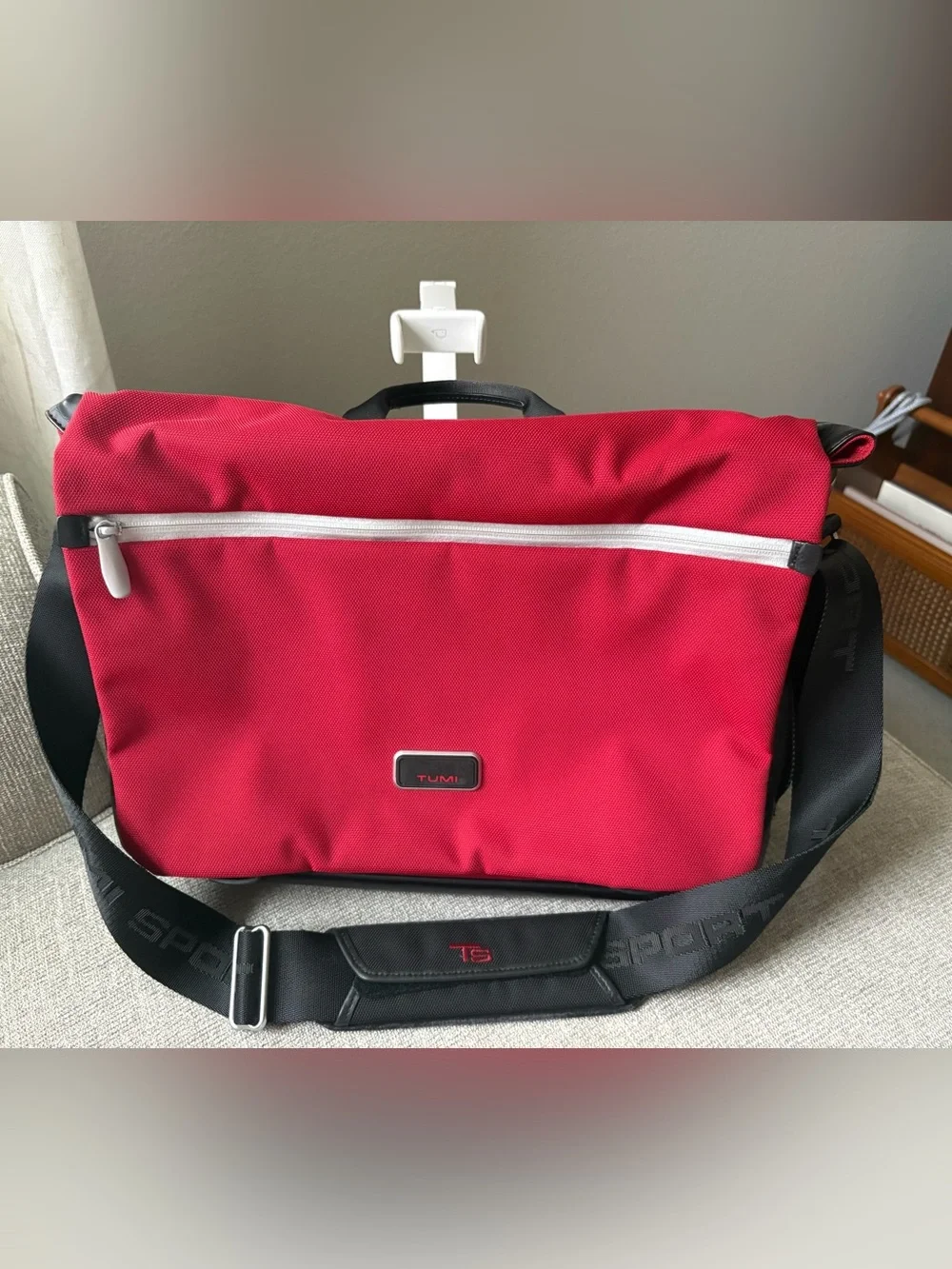 Tumi Sport Red Messenger/Business Bag with Black Strap and Silver Zipper